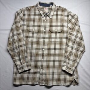 Levis Mens Relaxed Fit Plaid Flannel Button Down Shirt Brown Cream Large